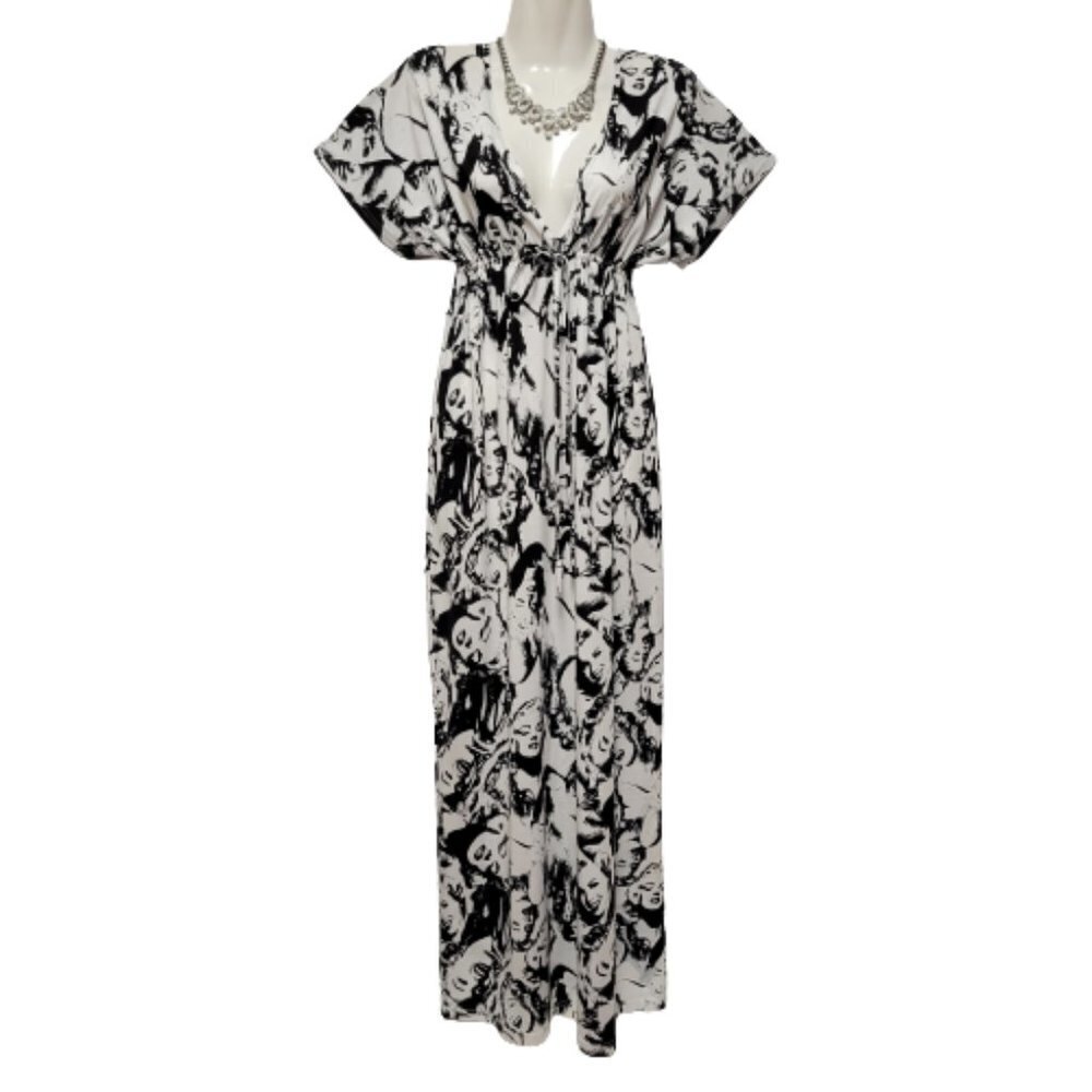 Black White V0Neck Short Sleeve Long Maxi Dress -  Size S/M